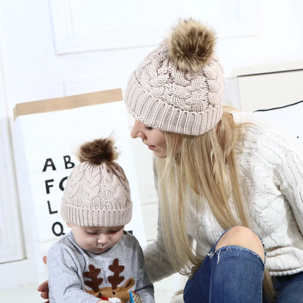 

2pc Wool Knitted Parent-child Pullover Twist Braid Cap Ski Hat Set Winter Outdoor Knit Thick Warmer Lady Kids Bonnet Accessories