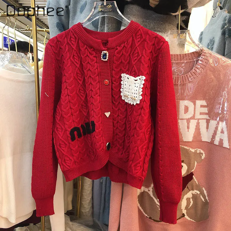 

Winter Clothing Beaded Bowknot Ddiamante Buckle Fashion Sweater Tops Short Elegant Irregular Thickened Sweater Cardigan Ladies