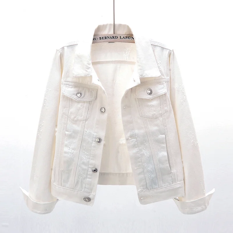 

Korean Spring Fashion White Denim Jacket Women Harajuku Long sleeve Outwear Chaqueta Mujer Frayed Slim Jeans Jacket Coat Female