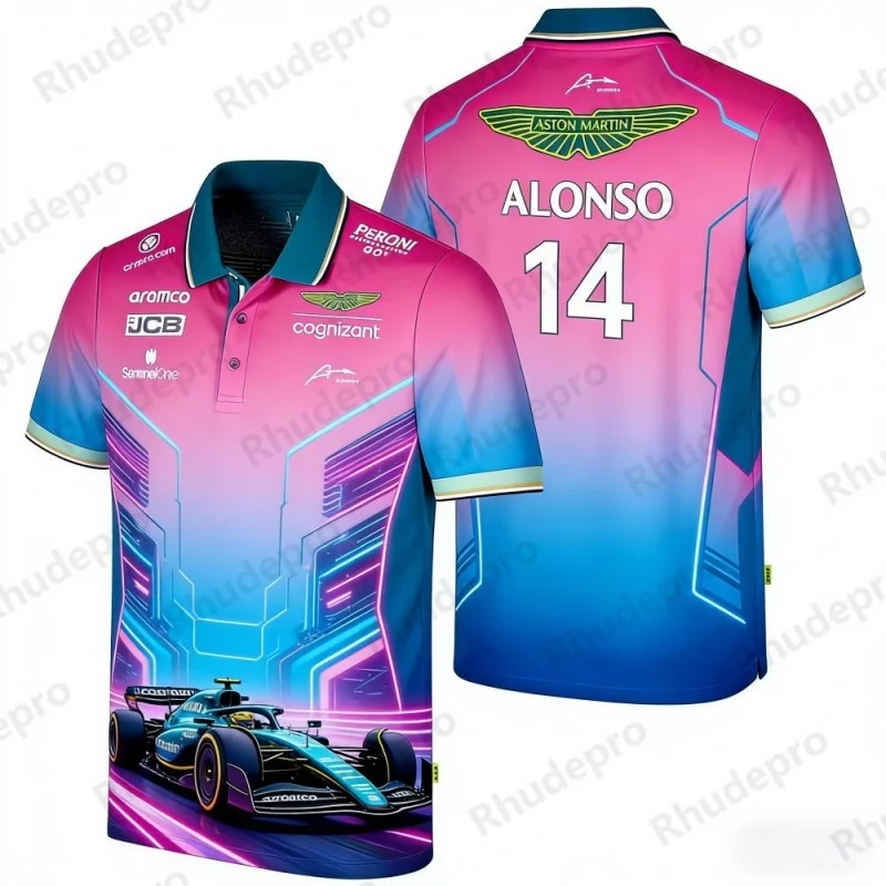 Фото Футболка-поло Aston Martin Team Alonso 14 Racing Theme с коротким рукавом для любителей автоспорта, повседневная спортивная одежда №1