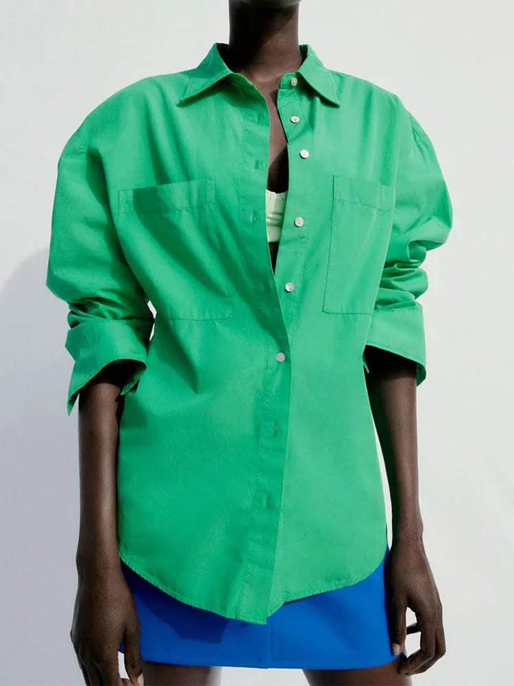 

TFMLN 2022 Summer Women Solid Blouse Shirt Fashion Single Breasted Casual Top Long Sleeve Pocket Turn Down Collar PoplinShirt