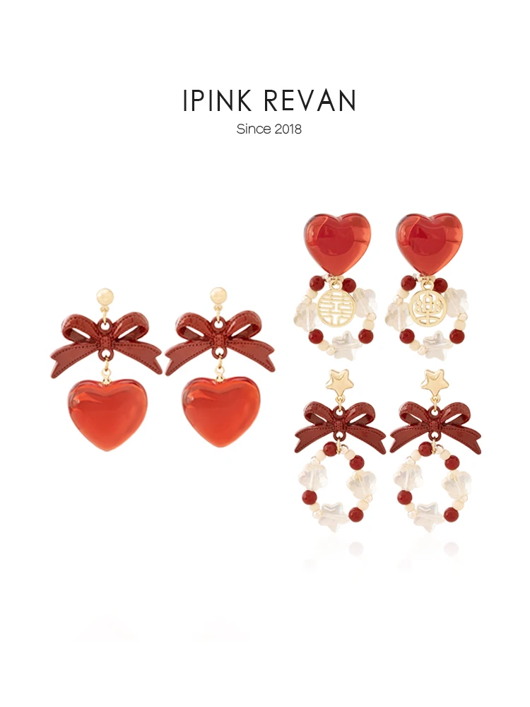 Ipink милые осенние и зимние серьги с красным бантом в виде персикового сердца