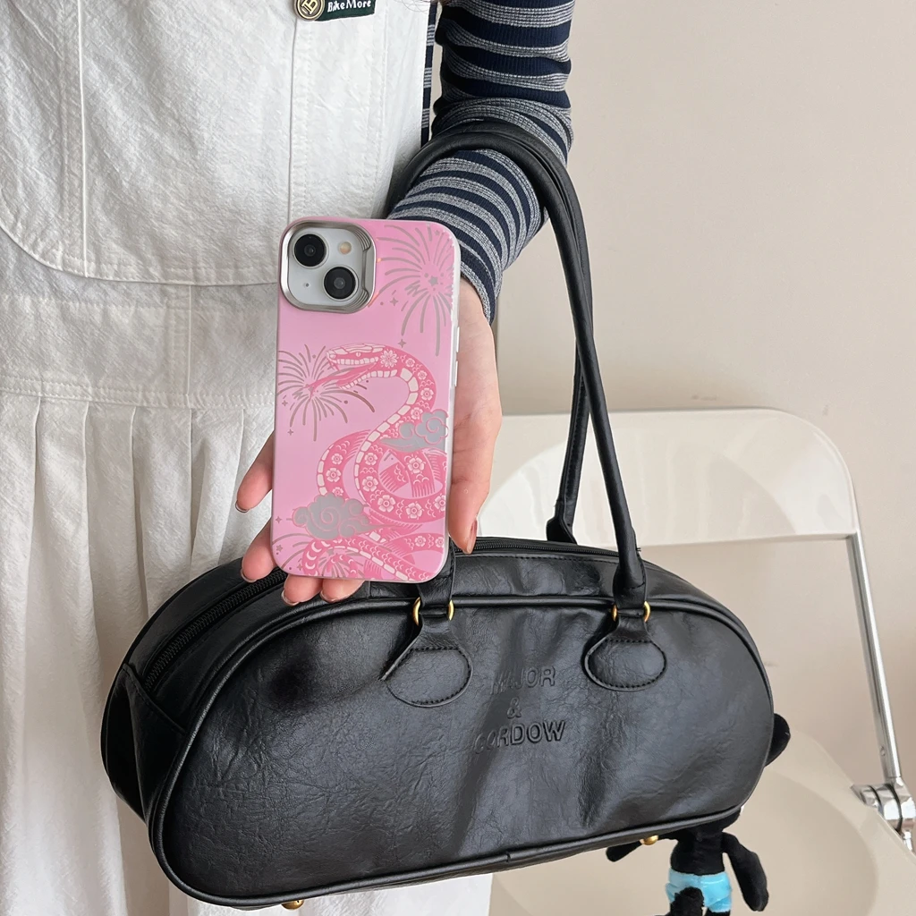 Chinese Style Pink Snake Fireworks Cloud Shockproof Protective Phone Cover Case for iPhone 16 15 14 13 12 Pro Max