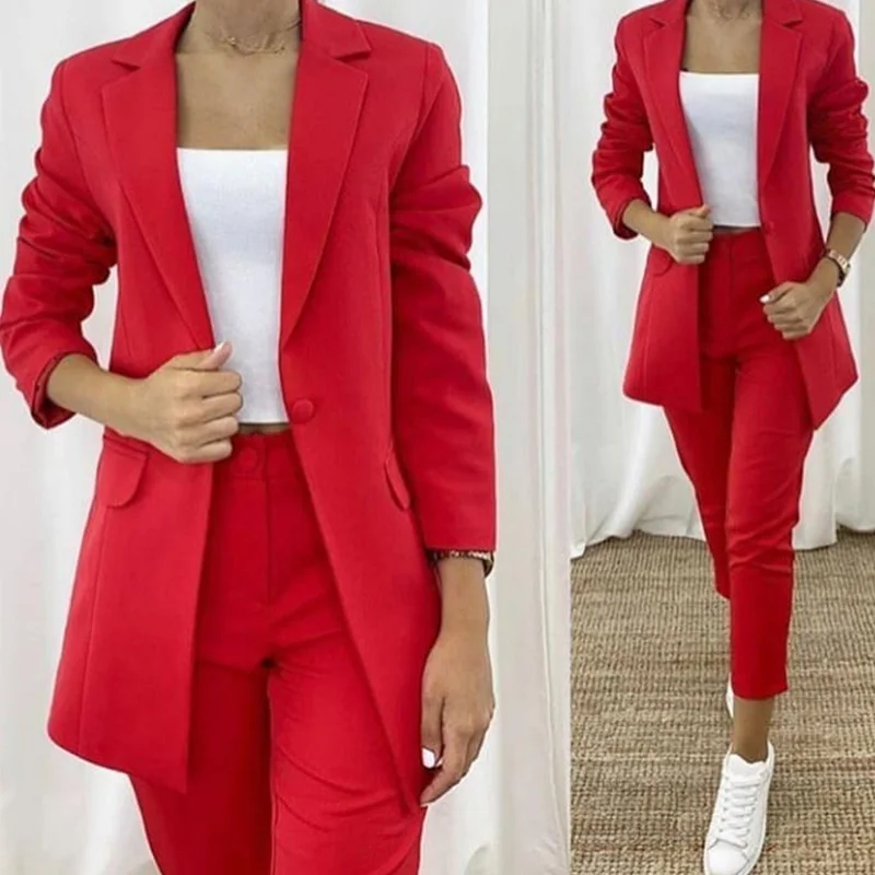 Womens Office Suit Fashion Suit Jacket Pants Simple Solid Color Suit Collar Long Sleeve + Trousers 2 Piece Suit Jacket