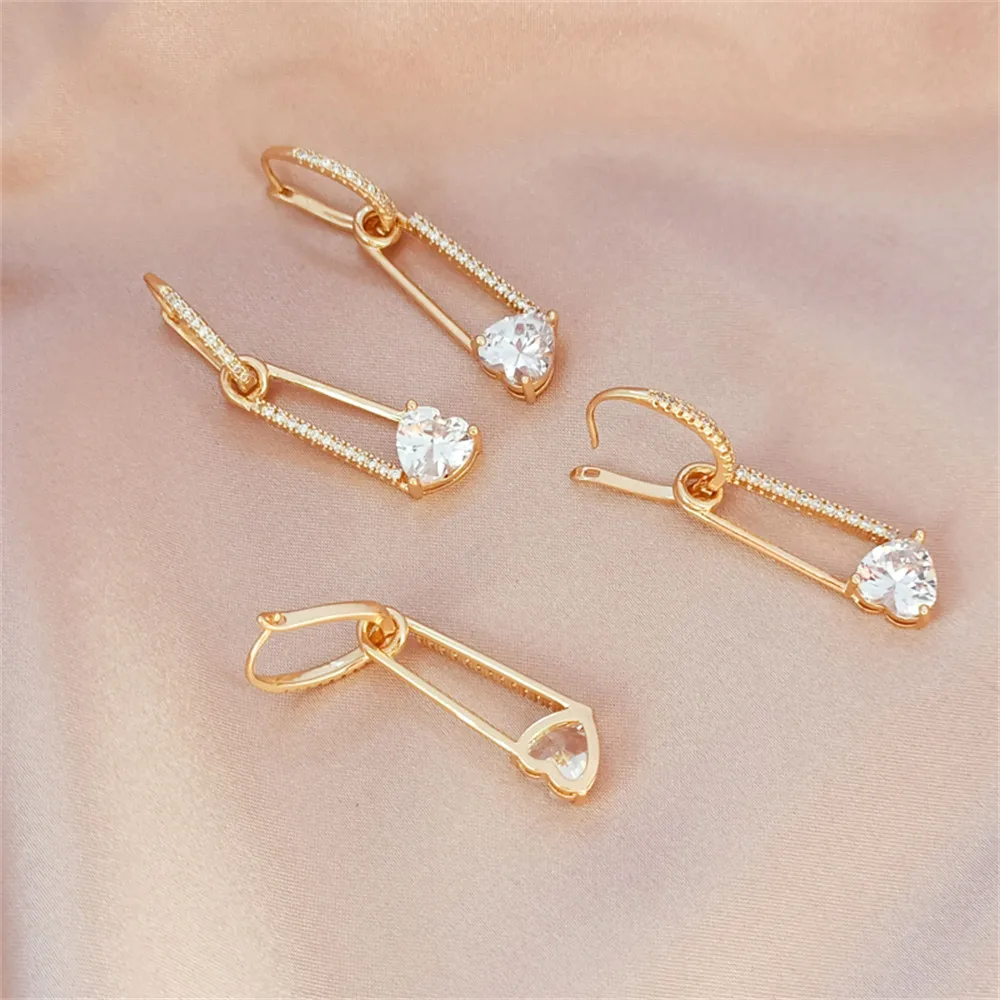 

14K Gold Plated Brass Inlaid Zircon Crystal Heart Pin Earrings Pendant Earrings with DIY Accessories