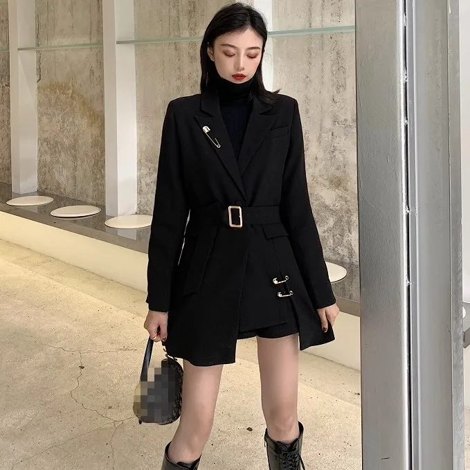 2022 New Solid Color Women Work Blazer Jacket Casual Sashes Loose Suit Jackets Female Oversized Blazer Women Waistband Outwear