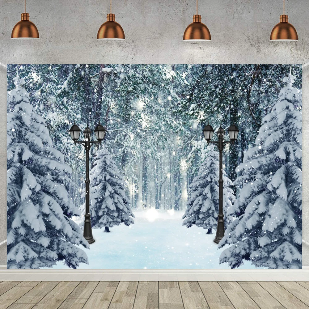 

Фон для фотосъемки новорожденных с изображением зимнего леса белого снега дороги