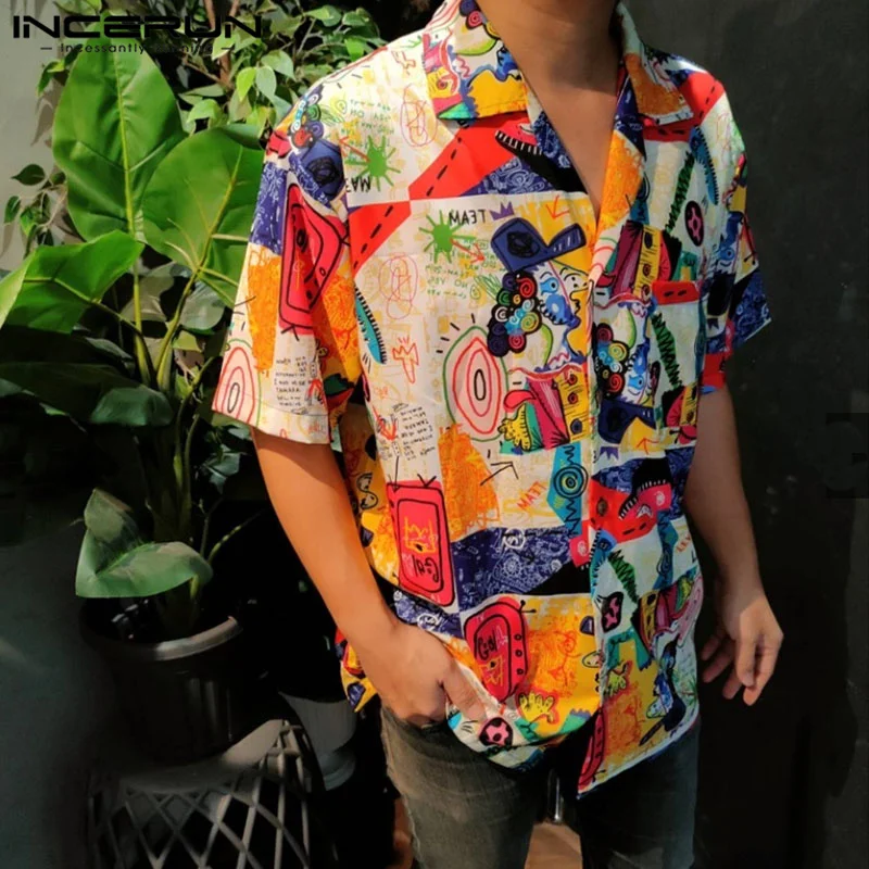 

INCERUN Tops 2023 Korean Style New Mens Stylish Graffiti Printed Shirts Leisure Party Street Hot Sale Short Sleeved Blouse S-3XL