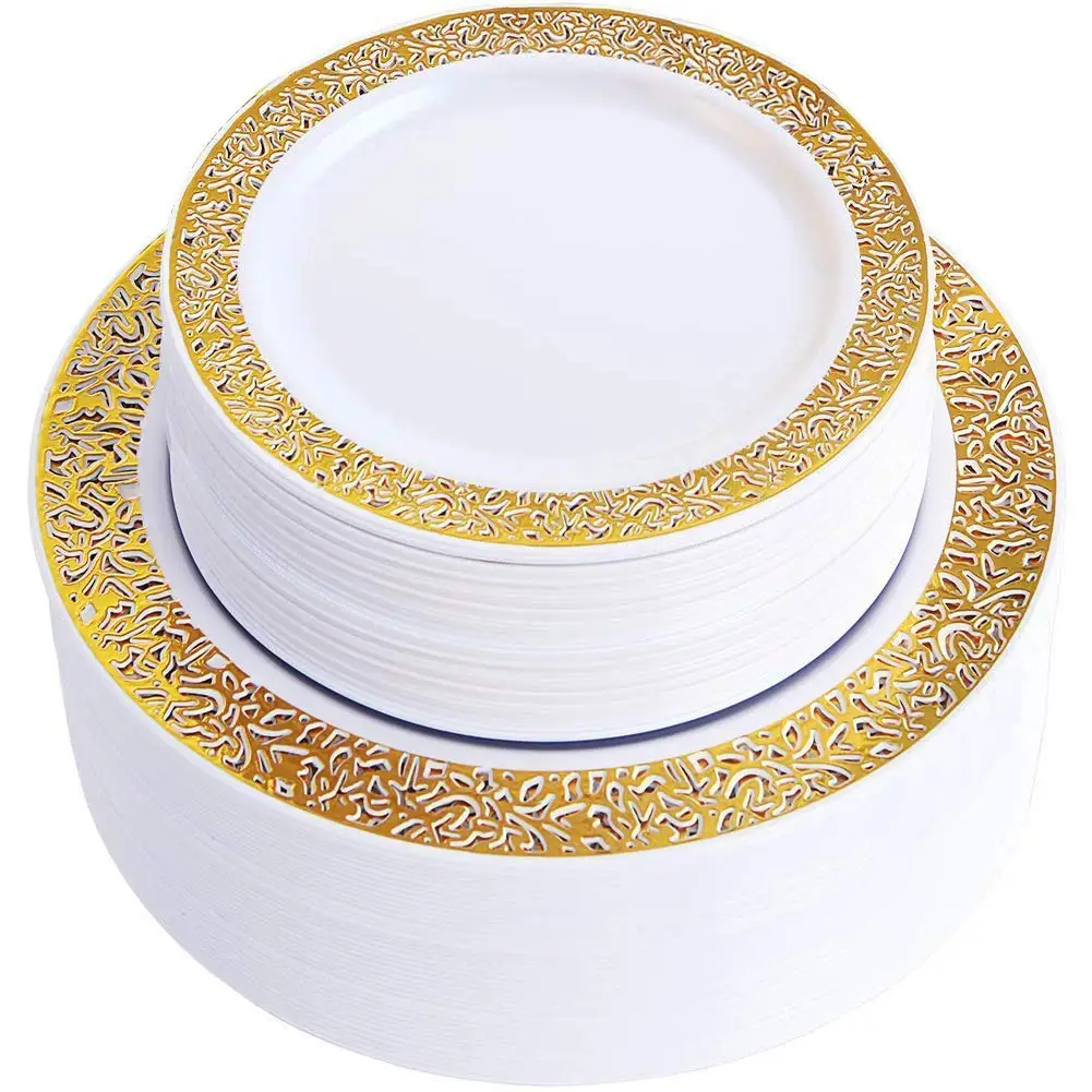 

10-25pcs Rose Gold Lace Design Wedding Party Plastic Plates Fancy Salad Appetizer Plate for Christmas Wedding Holidays Occasions