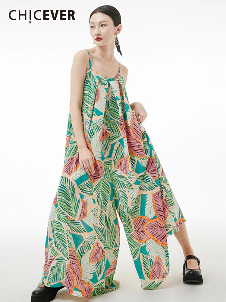 

CHICEVER Loose Sexy Jumpsuit For Women Round Neck Sleeveless Print Colorblock Oversized Jumpsuits Female Summer Clothing Style