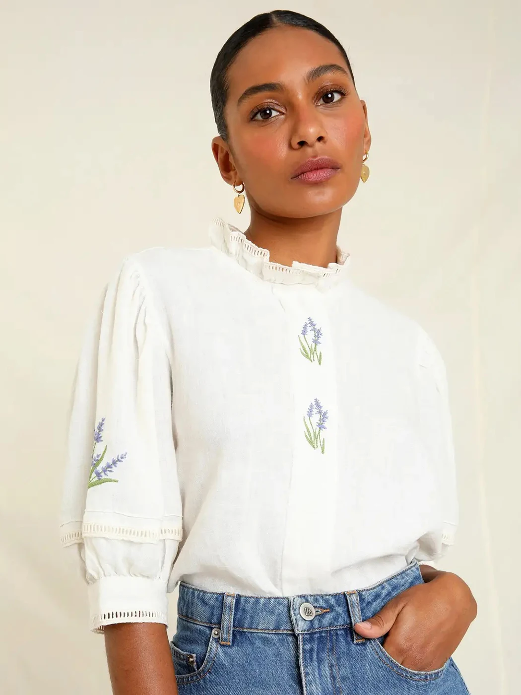 

Ruffles Embroidery French Shirts Women Fashion Stand Collar Half Sleeve Linen Cozy Office Casual Blouse 2022 Summer Blusas Femme