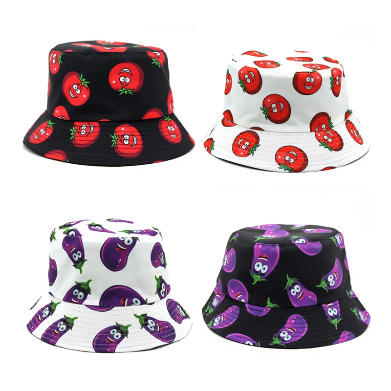 

2022 Hot Jelly Eggplant Printed Bucket Hat Creative Tomato Two Side Reversibale Panama Hats for Girls Boys Women Summer Sunhat