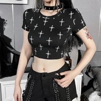 gothic y2k street punk style skinny crop top women summer 2022 new cross print comfortable stretch short sleeve t shirt