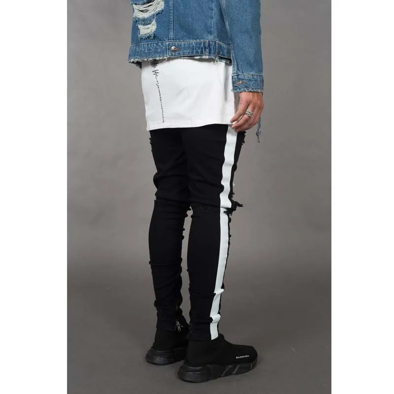 ZOOY Black Ripped Men Jeans Streetwear Stripe High Waist Zipper Fly Denim Pants Casual Hip Hop Clothes Men Full Length Trousers