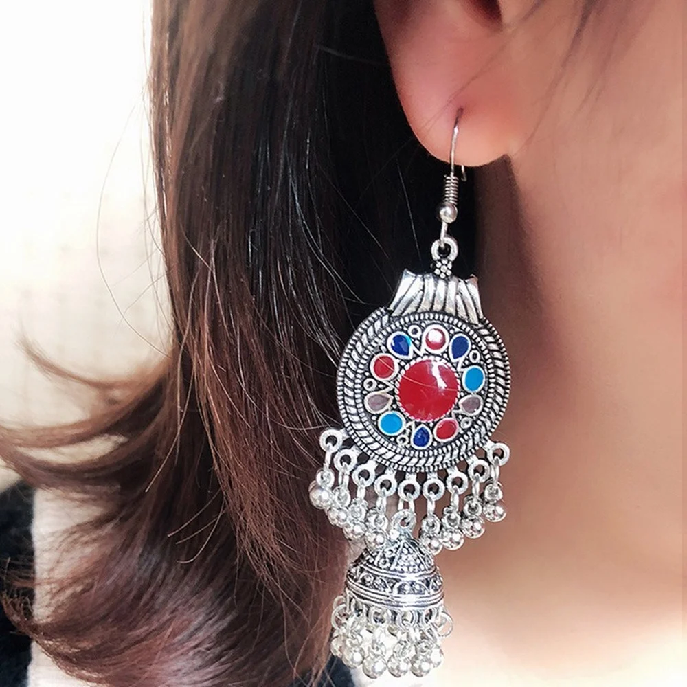 

New Gothic Metal Tassel Charm Earrings Ethnic Style Colored Tibetan Silver Fashion Bell Pendant Earrings Jewelry for Women Gifts