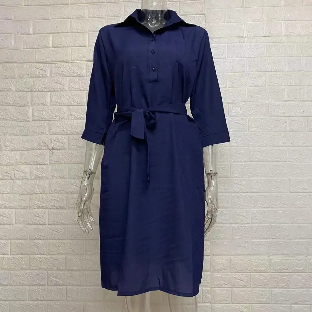 

Stylish Office Lady Dress Mid-Rise Buttons Design Midi Dress Lace-up Belt Office Lady Dress