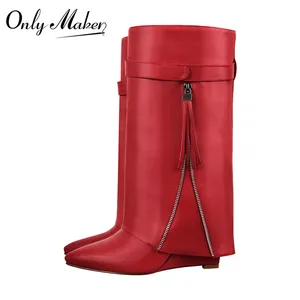 Onlymaker Pointed Toe Knee High Boots Women Metal Decoration  Belt Buckle Black Low Heels Causal Big Size Winter Fashion Boots