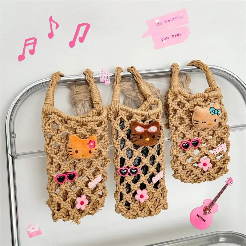 Sanrio Гавайская черная кожа Hello Kitty ручная работа плетеная Сумка для телефона