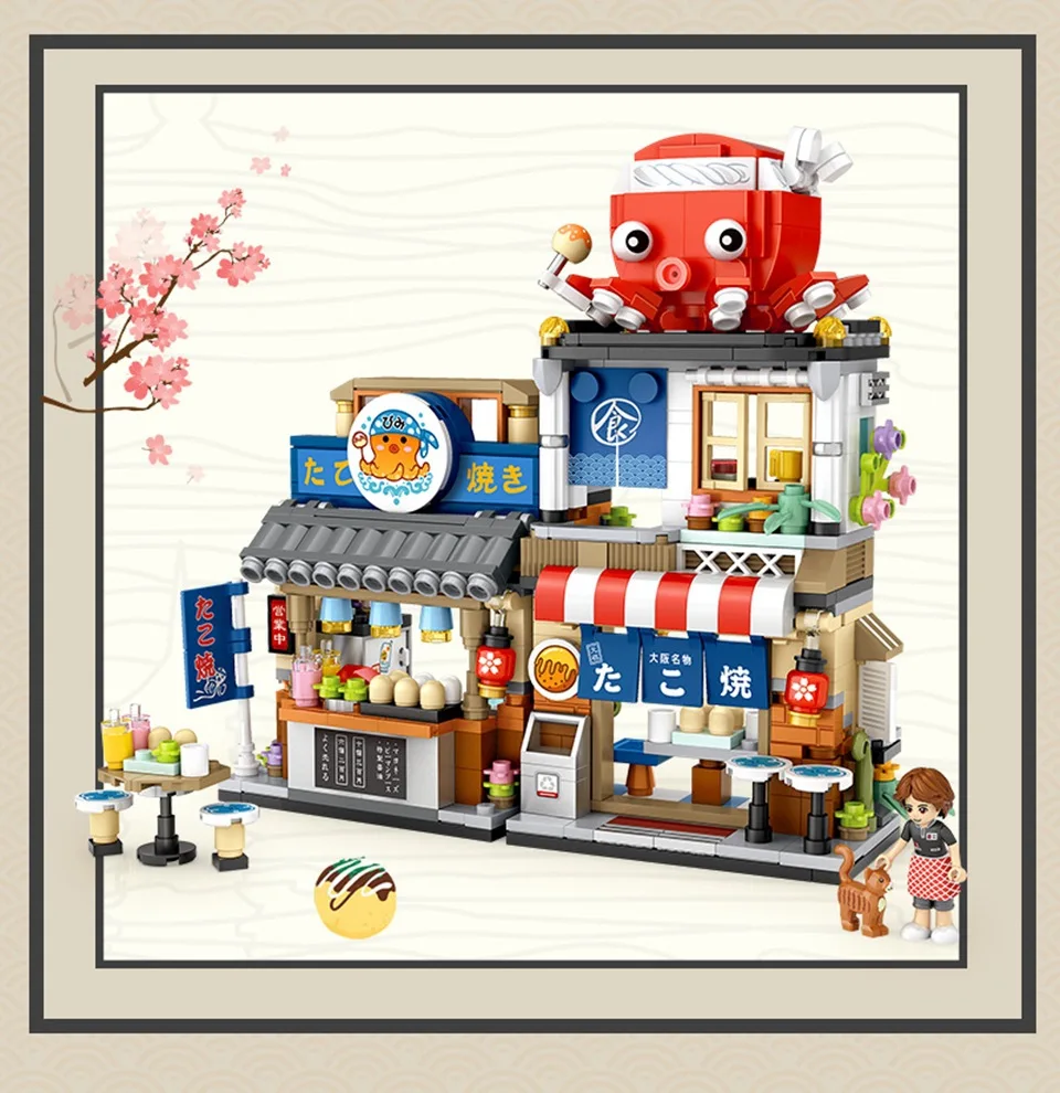 

Micro Mini Building Blocks Montessori Toys Takoyaki Street View Moc Octopus Japanese Food Shop Bricks Toys For Children Gift
