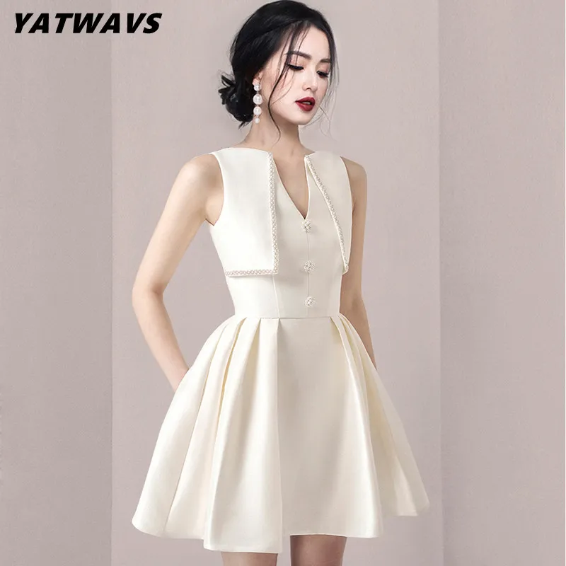 

YATWAVS Luxury Fashion Beading Pleated Short Dresses Women Elegant V-Neck High Waist Sleeveless Ball Gown White Dress Vestidos