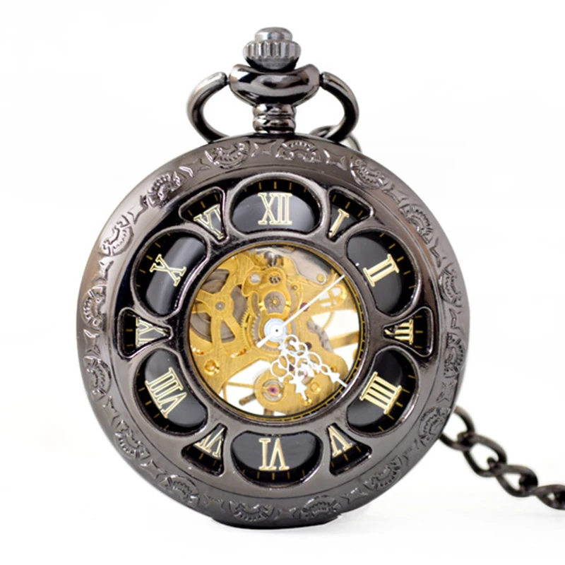 Luxury Steampunk Flower Mechanical Pocket Watch for Men Women Hollow Skeleton Case Roman Numerals Dial Fob Chain Pendant Clock