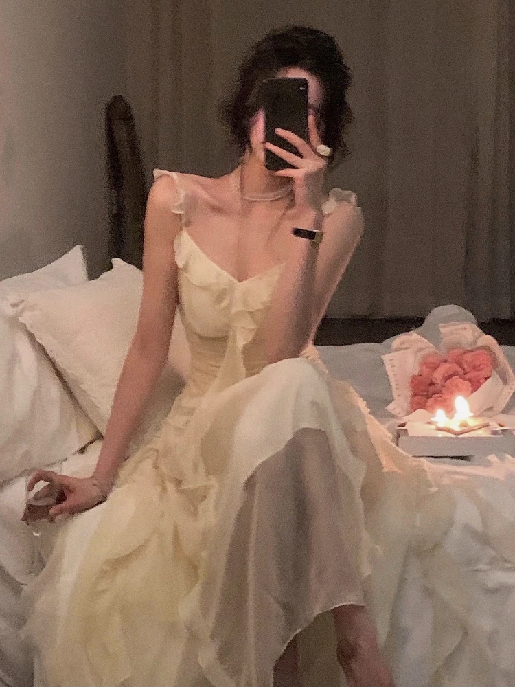 

France Elegant Strap Dress Women Summer Sexy Party Midi Dresses Female Holiday A-line Designer Chic Korean Fashion Dress 2022