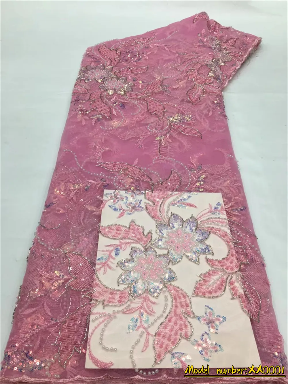 

OEMG 2022French African Tulle Paillette Lace Fabric High Quality Hand Craft String OF Beads Nigeria Wedding Dress Sewing XX0001