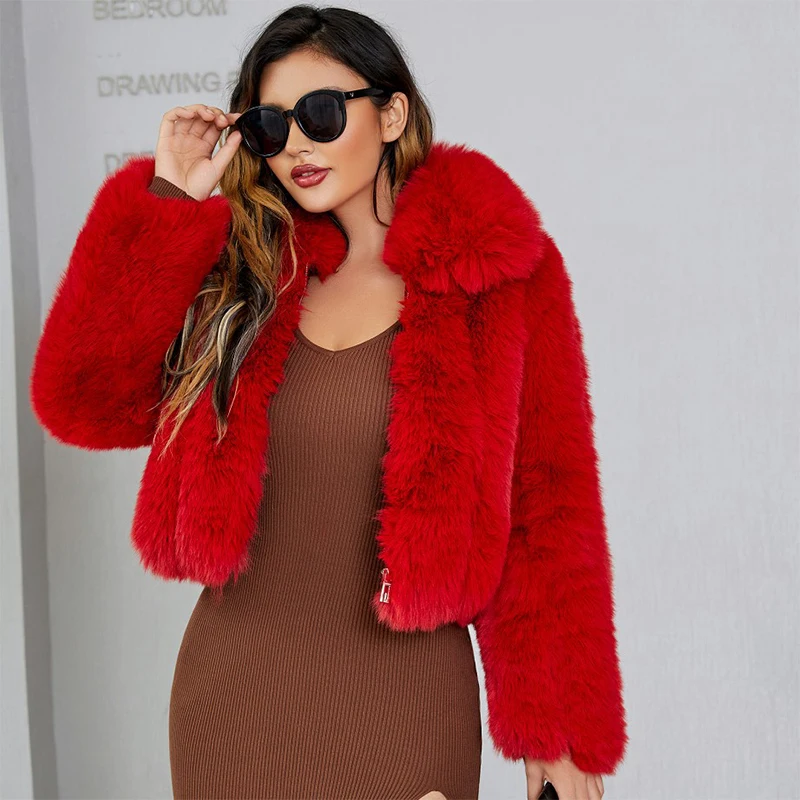 

Winter Faux Fur Jacket Women Luxury 2022 Female High Quality Full Sleeves Plush Red White Black Fox Fur Coat for Lady Girl
