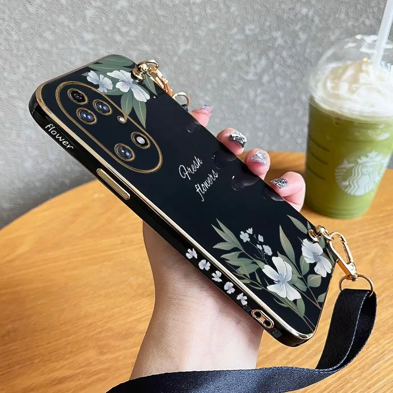 

Gardenia Flower Lanyard Plating Phone Case For Huawei P40 P30 P40 P50 Lite P20 Pro Nova 10SE 9SE Mate 50 40 30 Pro Cover