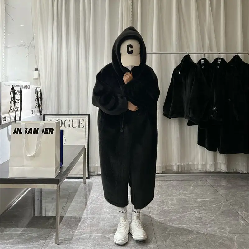 Winter Long Faux Fur Coat Women Thick Warm Blue White Black Fluffy Hooded Jacket Loose Casual Korean Fashion Tops Female Clothes