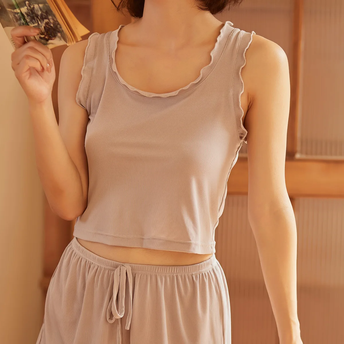 

French Style Pajamas Set for Women Loose Japanese Style Sleeveless Stretch Vest Elasticated Lace-up Shorts Pijamas Sleepwear Pjs