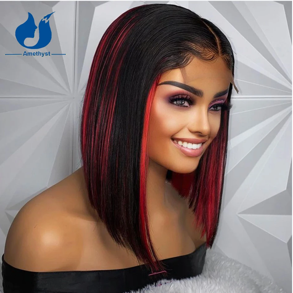 

Amethyst 4X4 Lace Closure Bob Wig With Bangs Remy Brazilian Red Highlight 13x1 T Part Lace Wig Pre Plucked With Bleached Knots