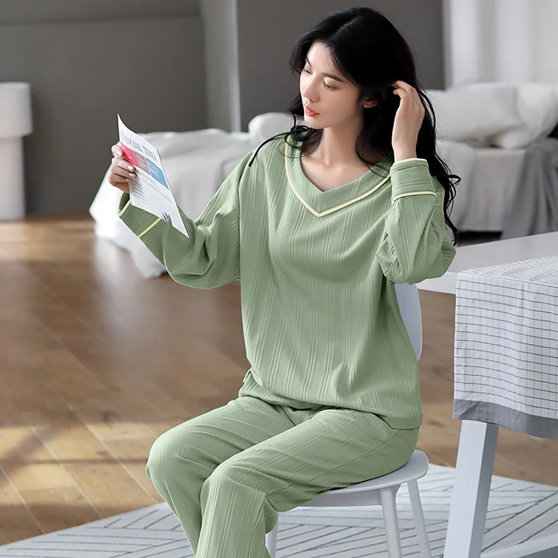 Casual Cotton Homewear Women's Pajamas Spring Stripe Neck Sleepwear Set Women Solid color Pajama Set Full Sleeve Shirt Pant