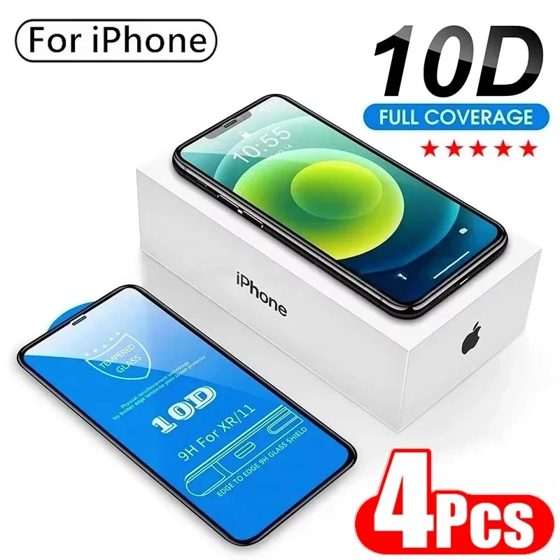 4 шт. 10D закаленное стекло для iPhone 15 13 12 14 16 Pro Max Mini 7 8 Plus полное защитное 11 XR X XS MAX SE