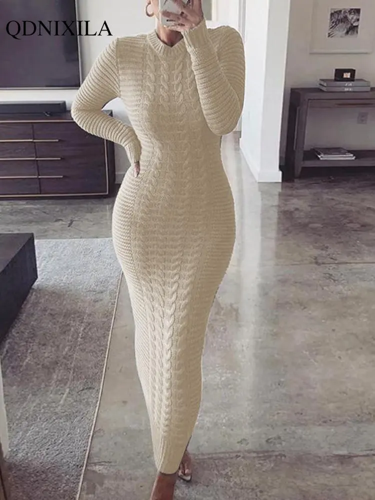 

2022 Autumer Winter Knit Sexy Skims Pullover Women Sweater Thick Long Dress Crew Neck Long Sleeve Top Elegant Chic Casual Korean