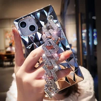 square rhombus plating case for iphone 12 11 phone case women with bracelet for iphone 13 11 pro max rhinestone wristband case
