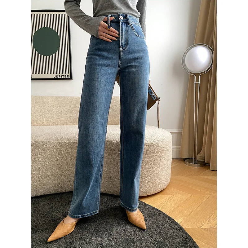 

Spring New Women Straight Wide Leg Jeans High Waist Zipper Loose Cotton Elastic Denim Pants Casual Jeans