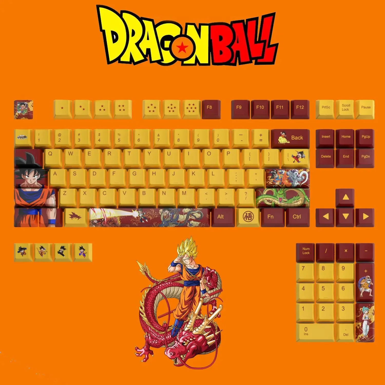 Фото В наличии 108-клавишная анимационная Dragon Ball Goku PBT Keycap, подходит для механической клавиатуры с перекрестной осью, мультяшный праздничный подарок №2