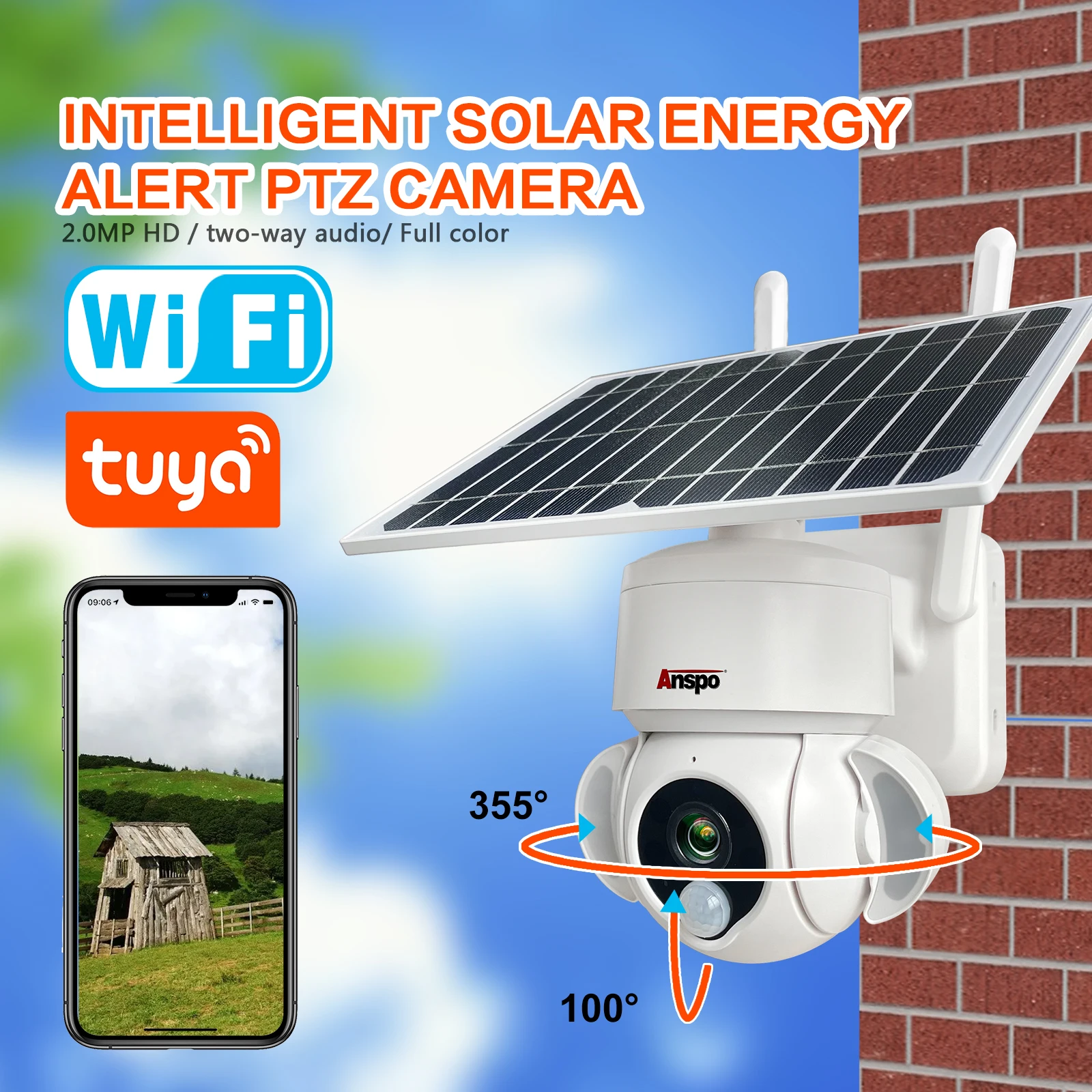 2MP Wireless Solar Camera Outdoor Weatherproof 1080P Wifi Security PTZ Camera PIR W/64G SD Card