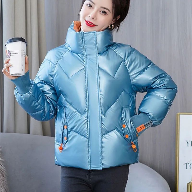 

Winter Jacket 2022 New Women Parkas Long Sleeves Warm Female Basic Coat Down Cotton Padded Parka Glossy Short Jacket Outwear