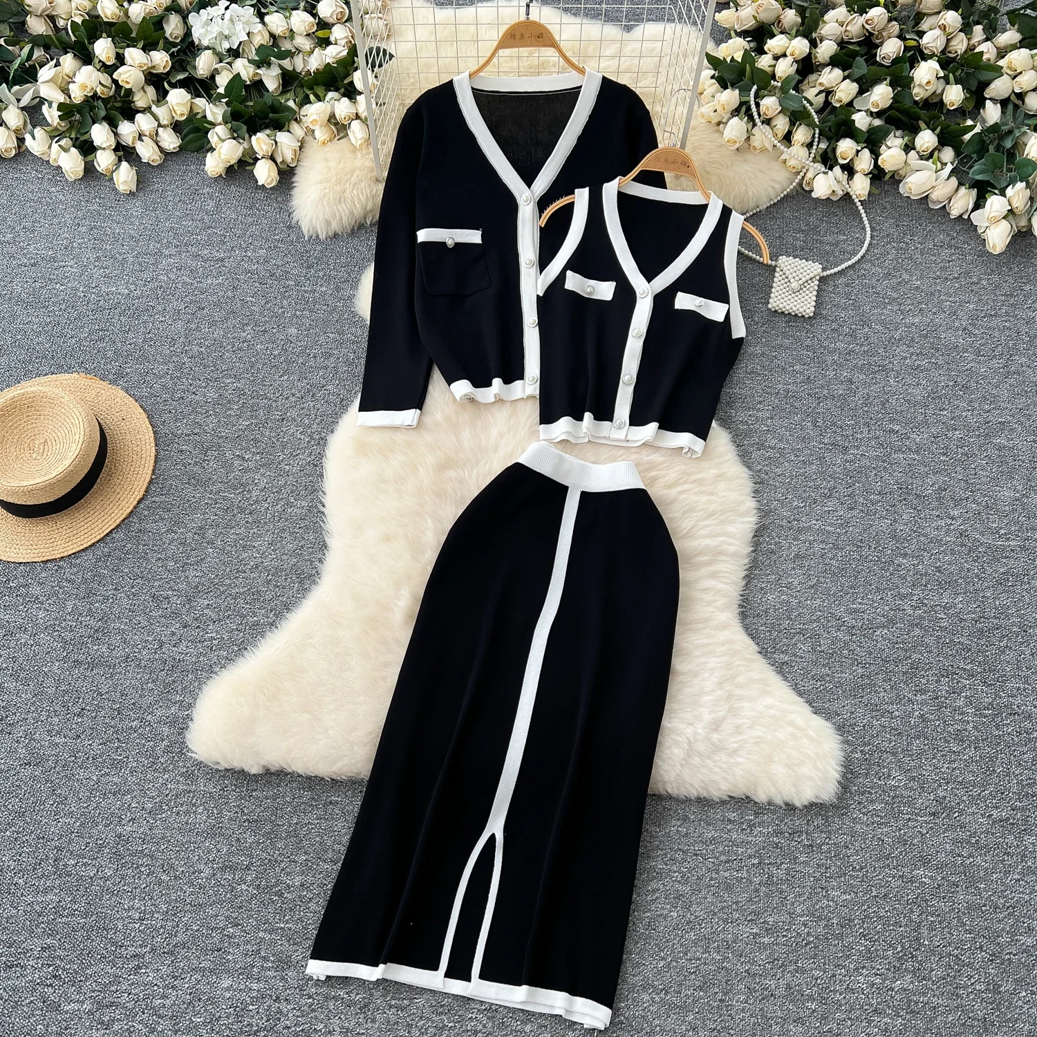 Шикарные комплекты из трех предметов милая жилетка в стиле пэчворк с V-образным