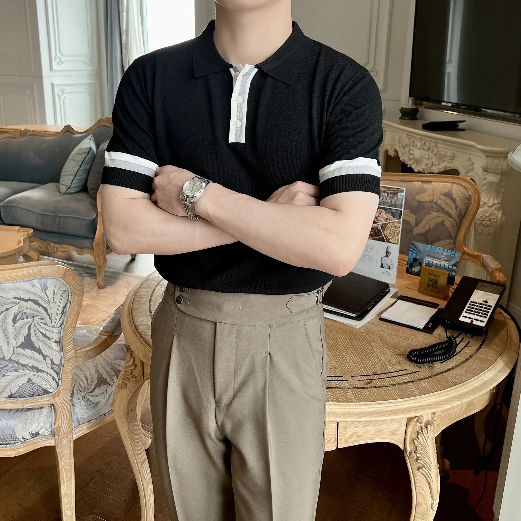 

Летняя трикотажная рубашка-поло из ледяного шелка, мужская повседневная рубашка, Мужская облегающая дышащая рубашка-поло с коротким рукавом и круглым вырезом Q79