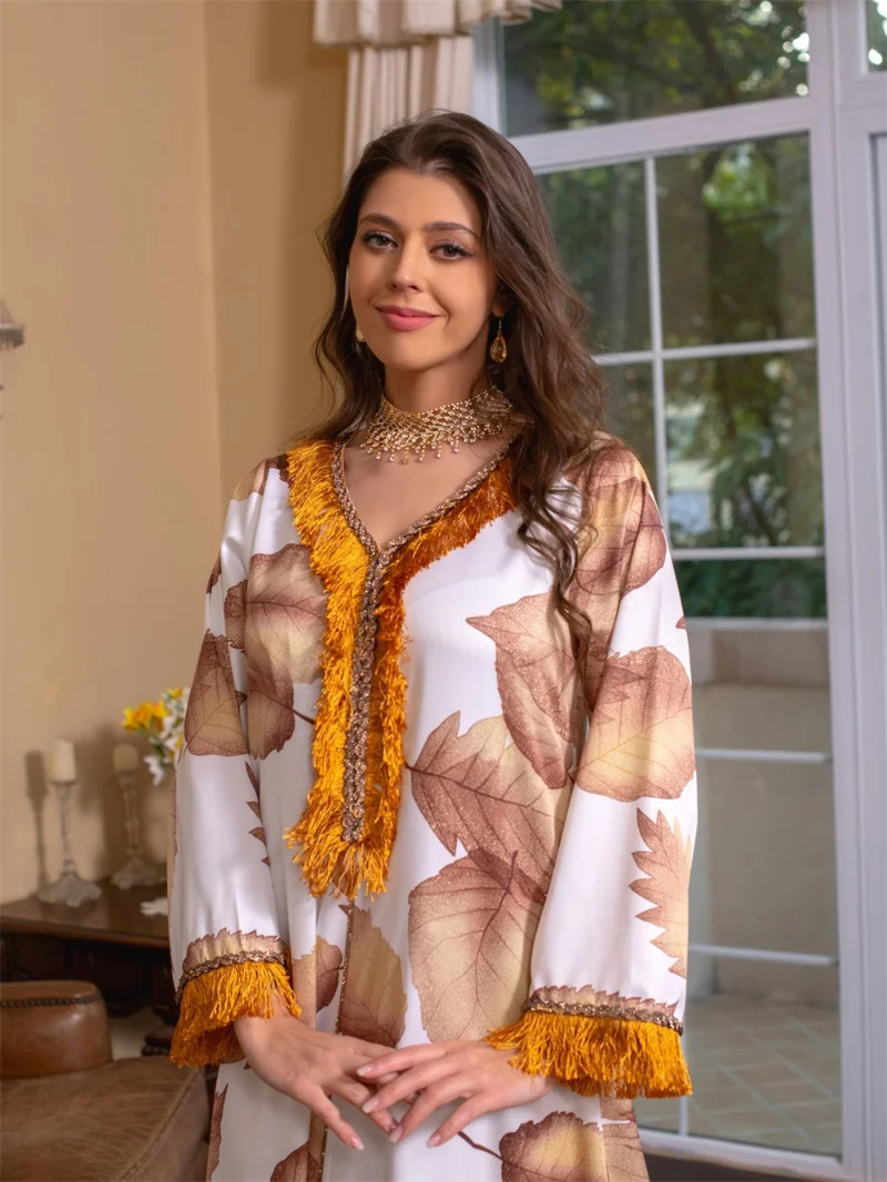 Ramadan Jalabiya Dress Elegant Casual Leaf Print Fashion Feather Sleeve Long Dresses Dubai Abaya Luxury For Muslim Women