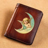 high quality genuine leather men wallets cute moon angel design printing short card holder purse luxury brand male wallet
