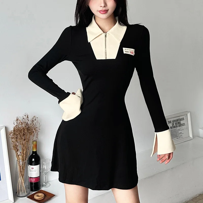 

New Designed Goth Darkness Women Dress Long Sleeve Lapel Slim Pullover Patchwork Gothic Style Elegant Ladies Dress For Autumn