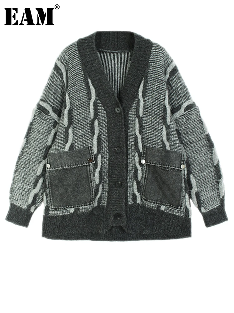 

[EAM] коричневый джинсовый кардиган с карманами большого размера, вязаный свитер с v-образным вырезом и длинным рукавом, Женская Новая мода, весна-осень 2023 1DH2195