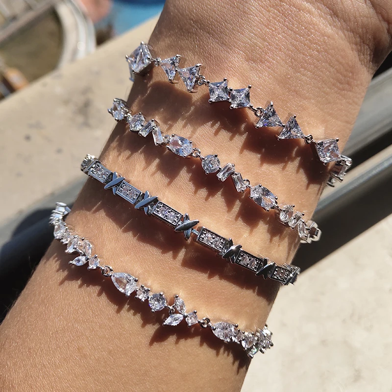 

Classic Geometric Irregular Cubic Zirconia Tennis Chain Bracelet Silver Color Women Wedding Party Christmas New Year Jewelry