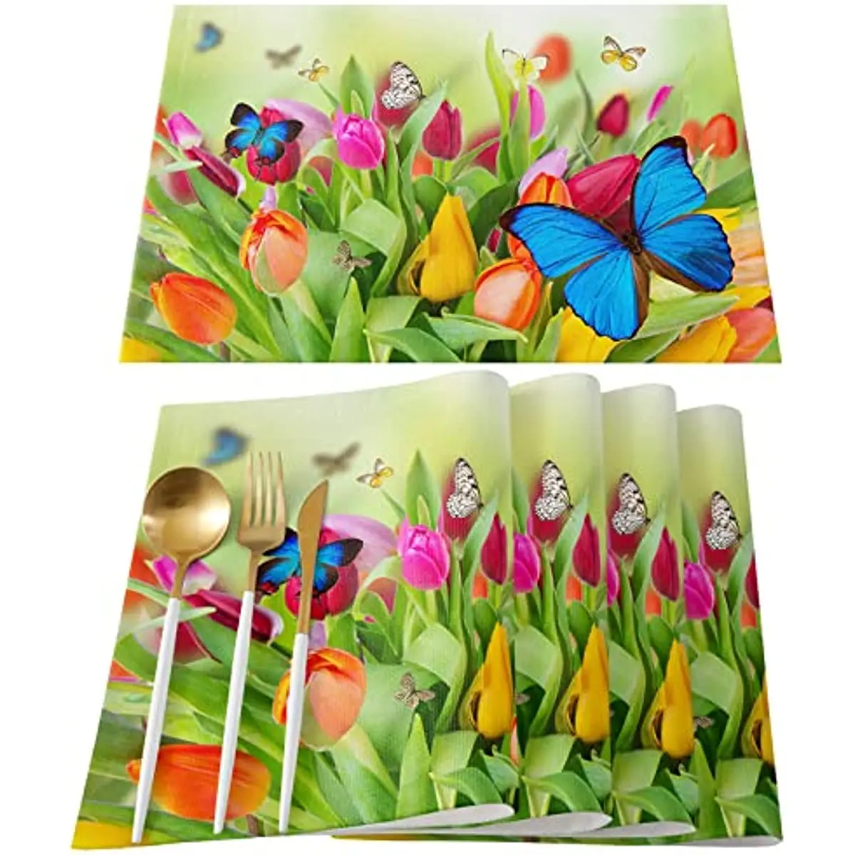 

Summer Fall Butter-Fly Florals Washable Woven Burlap Cloth Fabric Placemat for Square/Rectangle/Round/Oval Dining Table