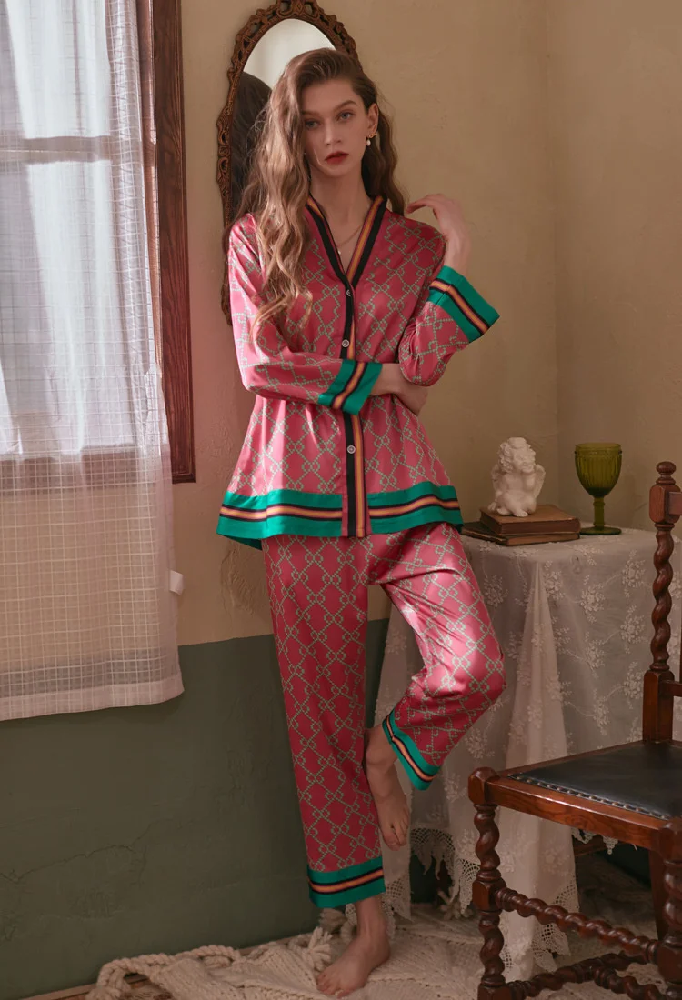 Fashion women long sleeve pajamas fall ice silk printed long-sleeved pants suit fashion pajamas