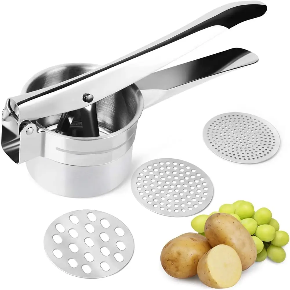 

Potato Ricer Stainless Steel Potato Masher with 3 Interchangeable Strainer Discs Manual Mash for Fruits Vegetables